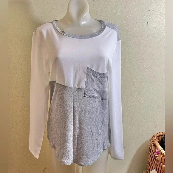 Joe Fresh Size S White Gray Sheer Rayon Top Long Sleeve Blouse T-Shirt Soft FLAW - Picture 1 of 9
